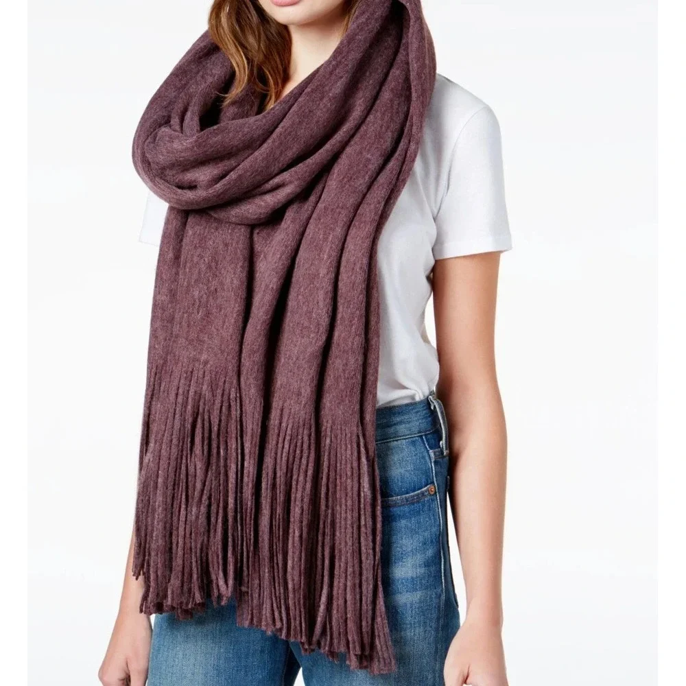Free People Kolby Brushed Scarf Wine Rust Fall Fringe Blanket Oversized Wrap